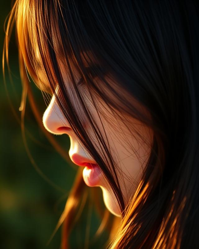 Close-up of glossy hair in warm light