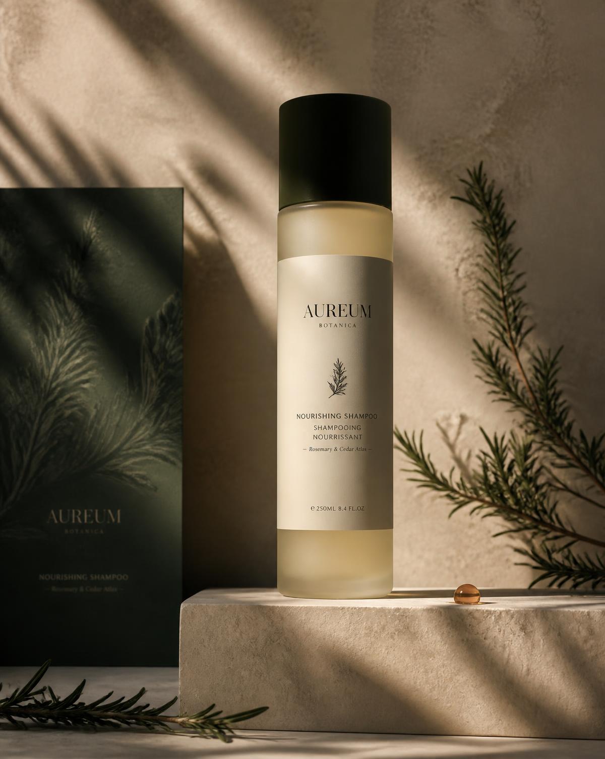 Aureum Botanica shampoo bottle on a stone plinth beside rosemary