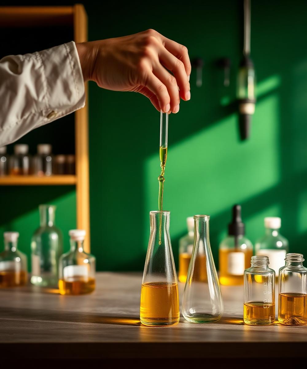 A formulator pouring botanical oil into glass beakers